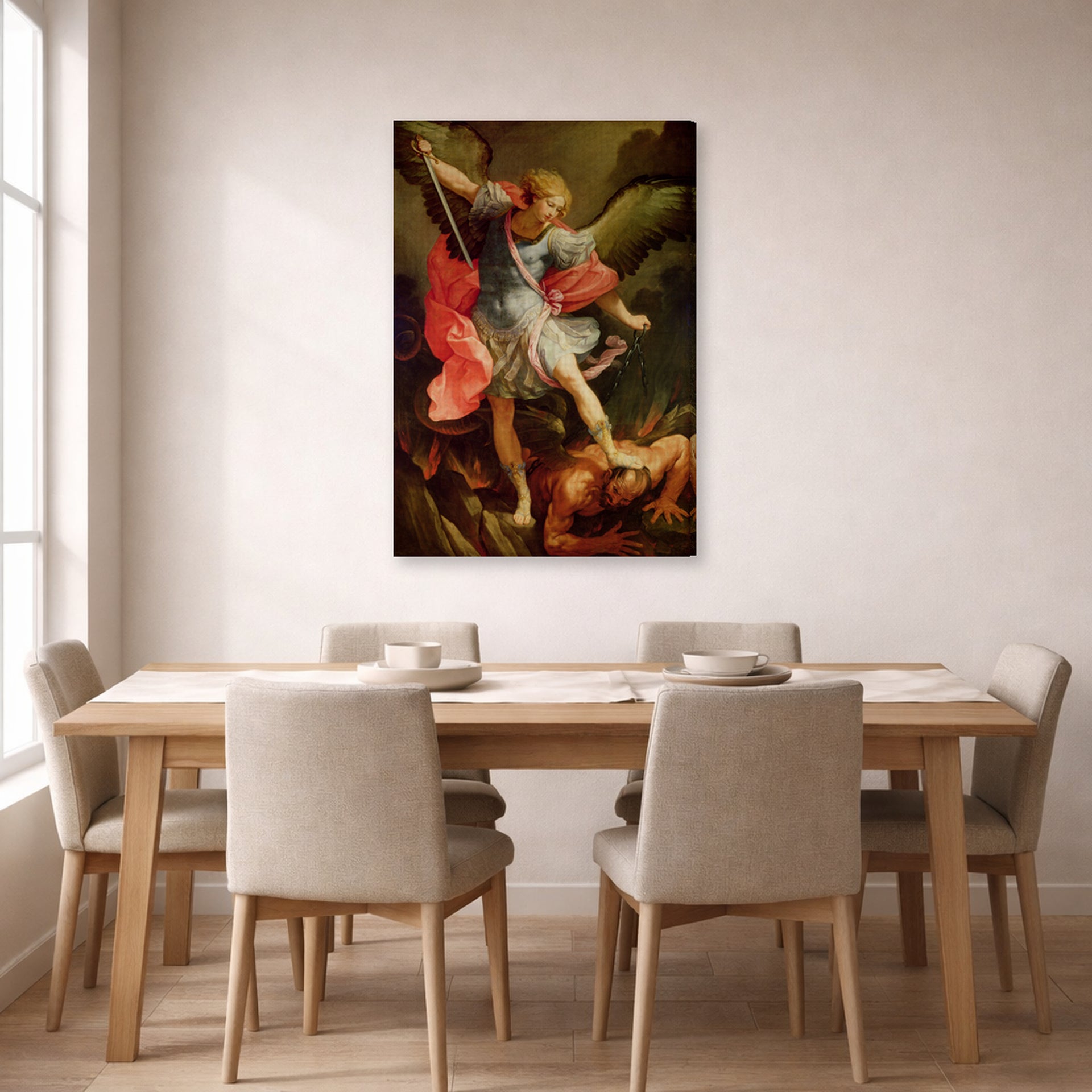 Gallery-wrapped canvas print of Guido Reni's 'The Archangel Michael defeating Satan' displayed on a wall in a dining room