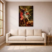 Gallery-wrapped canvas print of Guido Reni's 'The Archangel Michael defeating Satan' displayed on a wall in a living room