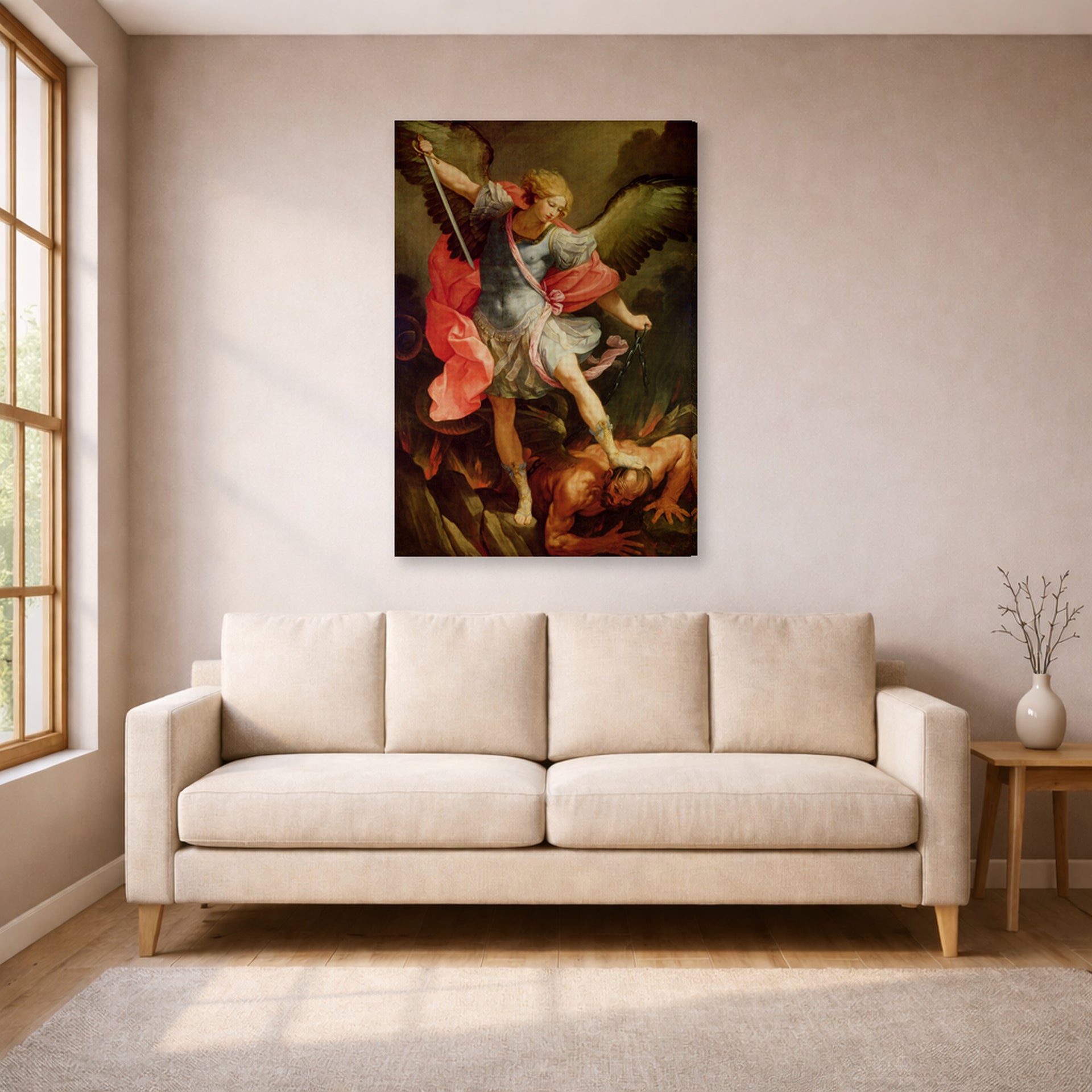 Gallery-wrapped canvas print of Guido Reni's 'The Archangel Michael defeating Satan' displayed on a wall in a living room