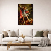 Gallery-wrapped canvas print of Guido Reni's 'The Archangel Michael defeating Satan' displayed on a wall in a living room