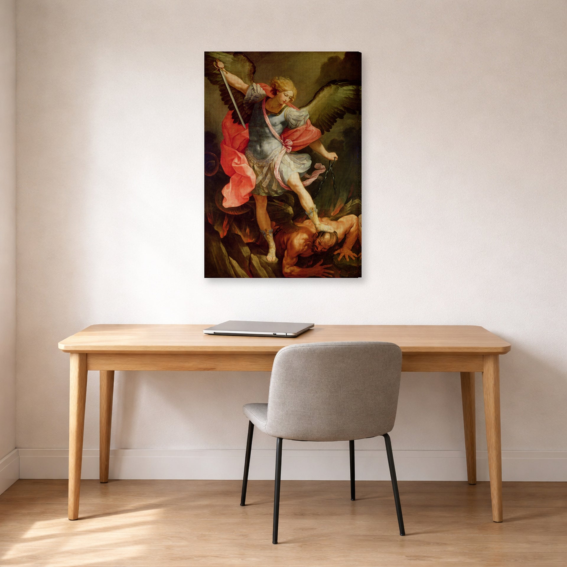 Gallery-wrapped canvas print of Guido Reni's 'The Archangel Michael defeating Satan' displayed on a wall in a office