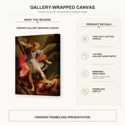 Guido Reni - The Archangel Michael defeating Satan gallery wrap canvas construction and hanging details infographic
