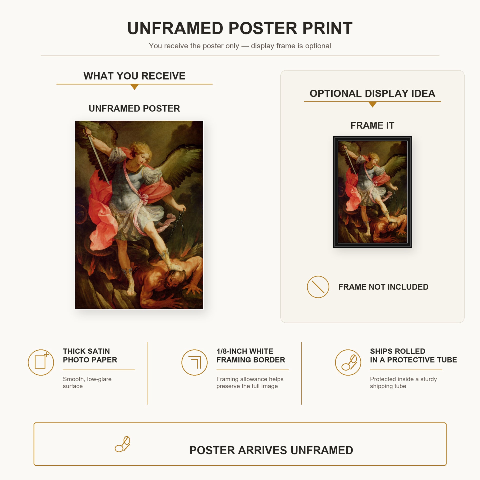 Guido Reni - The Archangel Michael defeating Satan poster print size comparison and framing display infographic