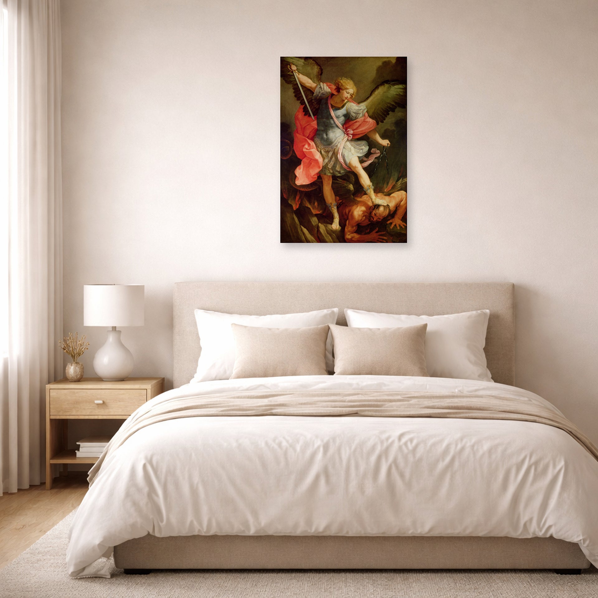 Unframed poster print of Guido Reni's 'The Archangel Michael defeating Satan' displayed on a wall in a bedroom
