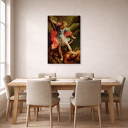 Unframed poster print of Guido Reni's 'The Archangel Michael defeating Satan' displayed on a wall in a dining room