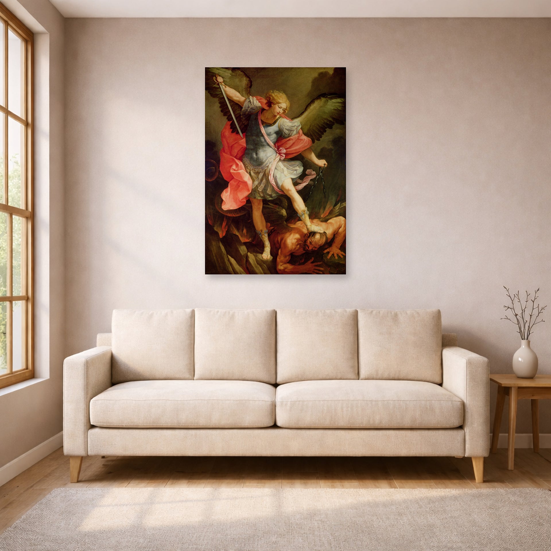 Unframed poster print of Guido Reni's 'The Archangel Michael defeating Satan' displayed on a wall in a living room