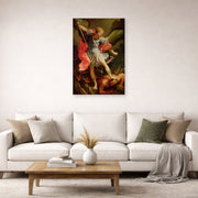 Unframed poster print of Guido Reni's 'The Archangel Michael defeating Satan' displayed on a wall in a living room