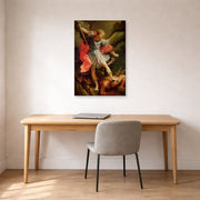 Unframed poster print of Guido Reni's 'The Archangel Michael defeating Satan' displayed on a wall in a office