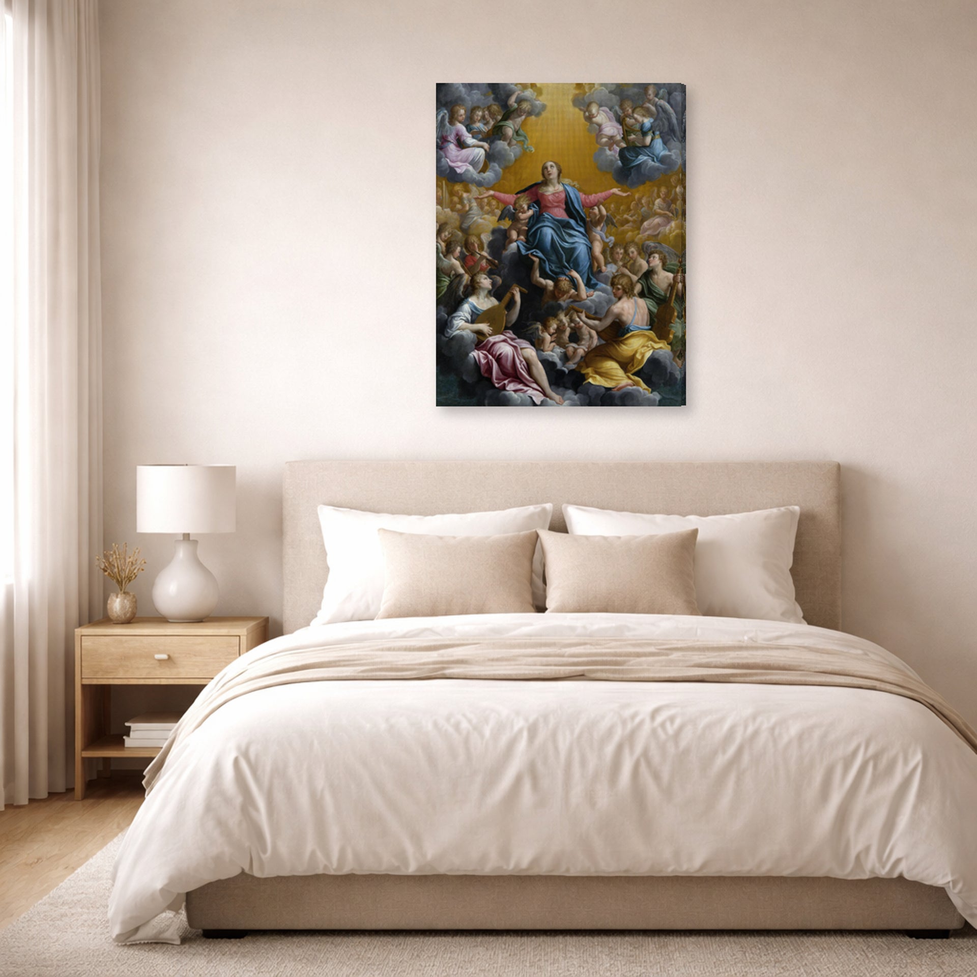 Gallery-wrapped canvas print of Guido Reni's 'The assumption of the Virgin Mary' displayed on a wall in a bedroom