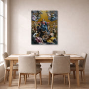 Gallery-wrapped canvas print of Guido Reni's 'The assumption of the Virgin Mary' displayed on a wall in a dining room