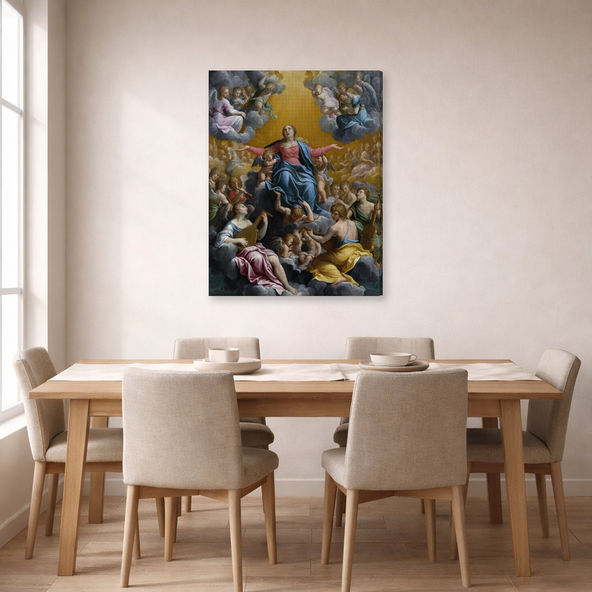 Gallery-wrapped canvas print of Guido Reni's 'The assumption of the Virgin Mary' displayed on a wall in a dining room