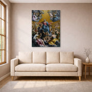 Gallery-wrapped canvas print of Guido Reni's 'The assumption of the Virgin Mary' displayed on a wall in a living room