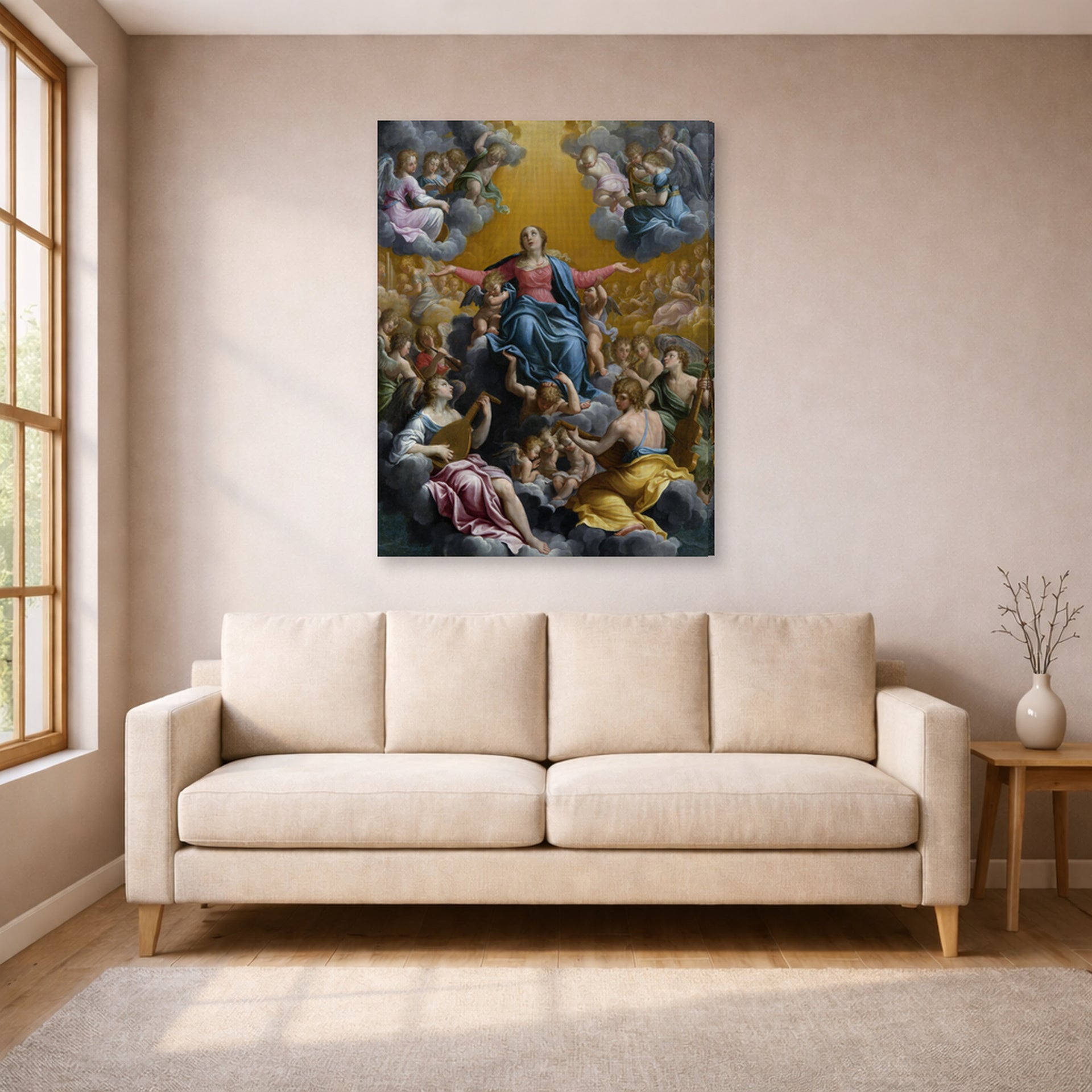 Gallery-wrapped canvas print of Guido Reni's 'The assumption of the Virgin Mary' displayed on a wall in a living room
