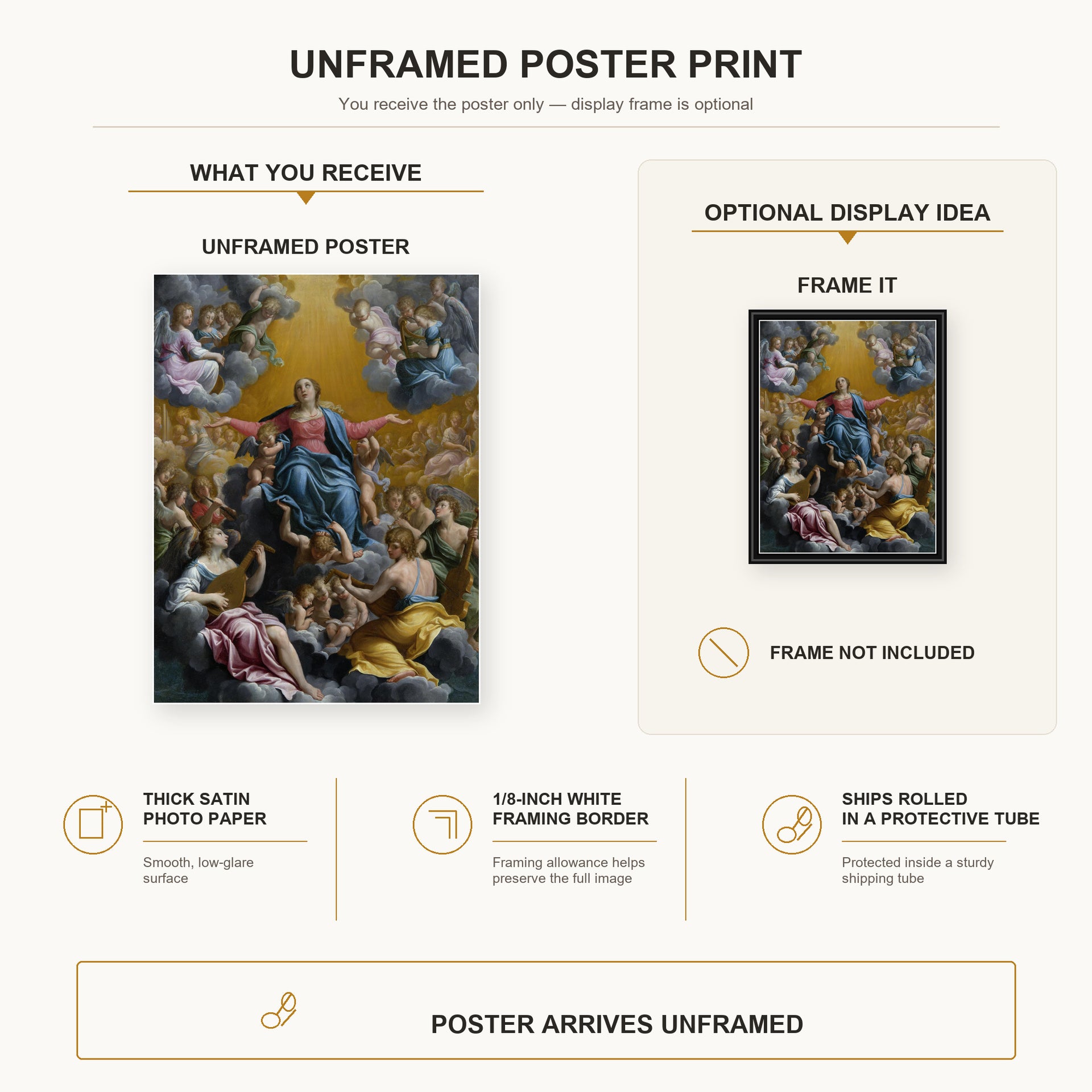 Guido Reni - The assumption of the Virgin Mary poster print size comparison and framing display infographic