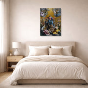Unframed poster print of Guido Reni's 'The assumption of the Virgin Mary' displayed on a wall in a bedroom
