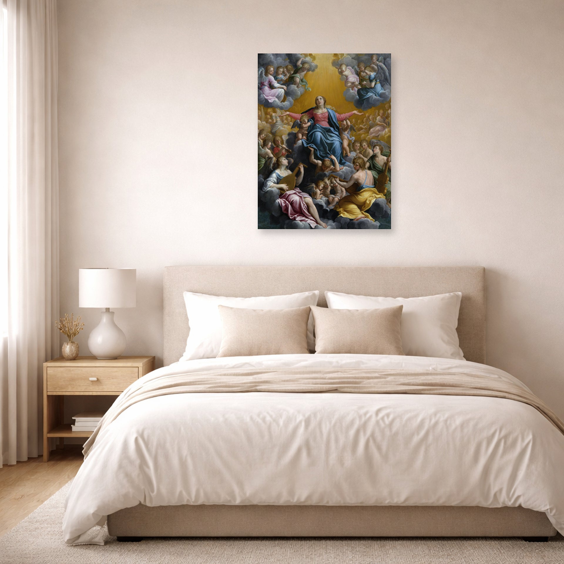 Unframed poster print of Guido Reni's 'The assumption of the Virgin Mary' displayed on a wall in a bedroom
