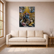 Unframed poster print of Guido Reni's 'The assumption of the Virgin Mary' displayed on a wall in a living room