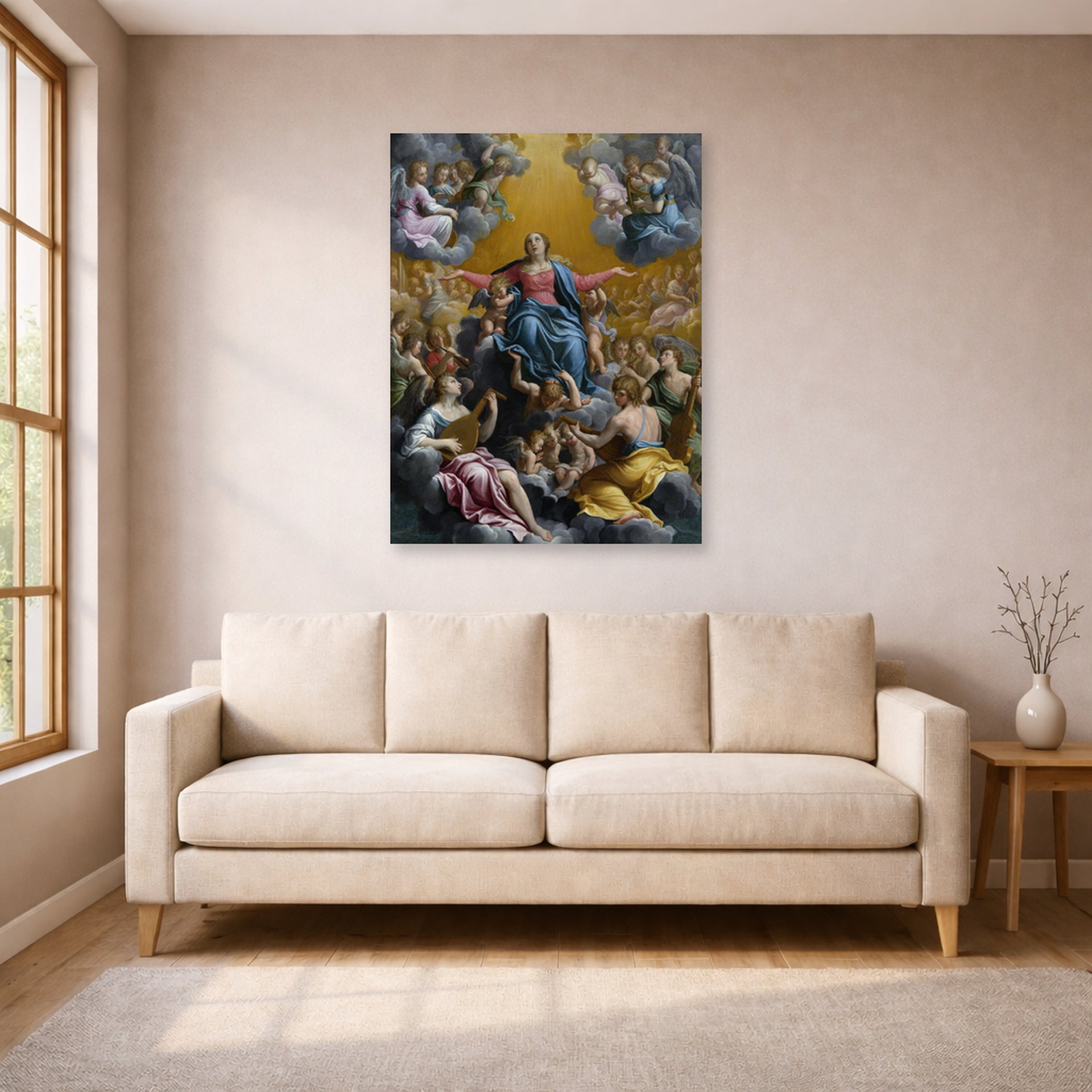 Unframed poster print of Guido Reni's 'The assumption of the Virgin Mary' displayed on a wall in a living room