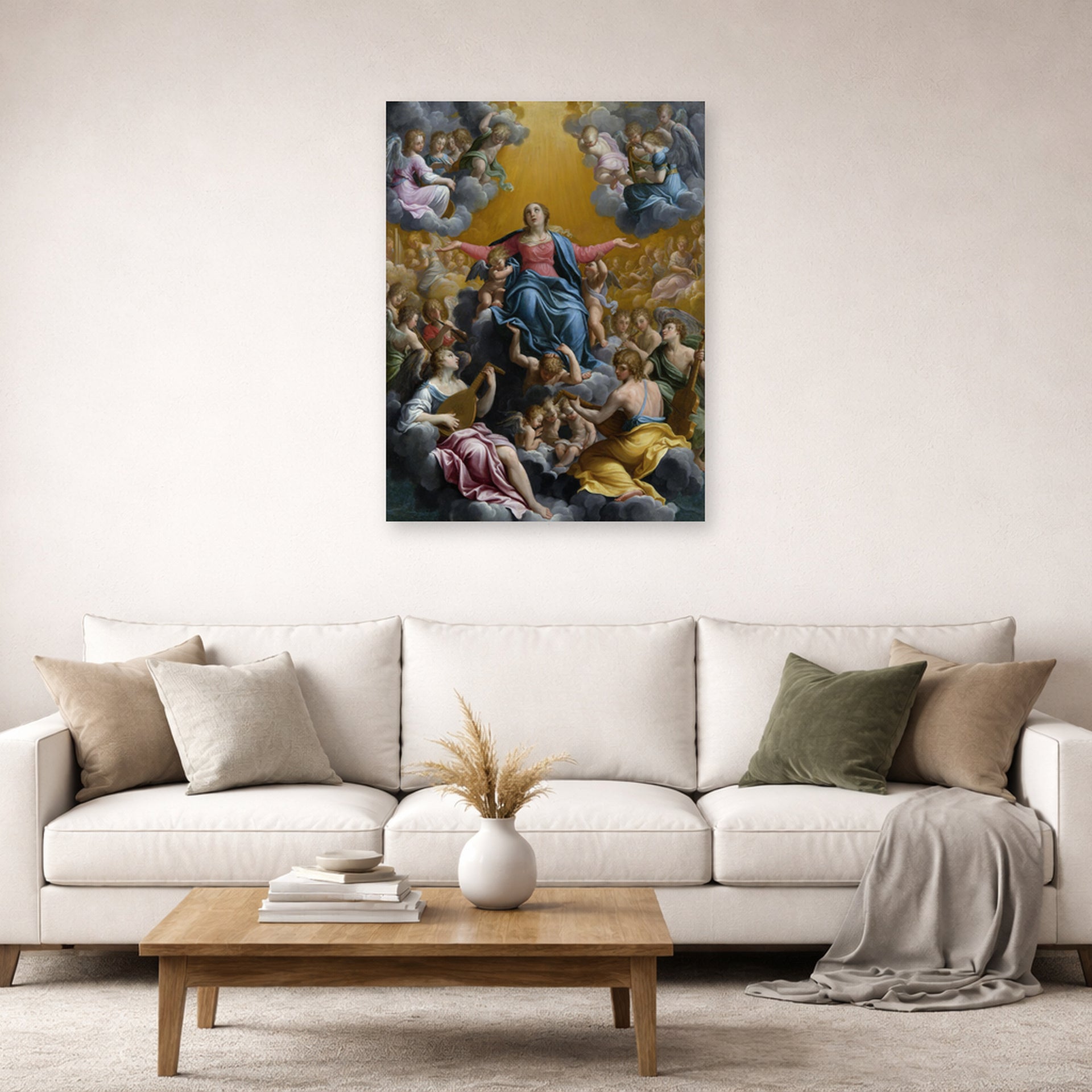Unframed poster print of Guido Reni's 'The assumption of the Virgin Mary' displayed on a wall in a living room