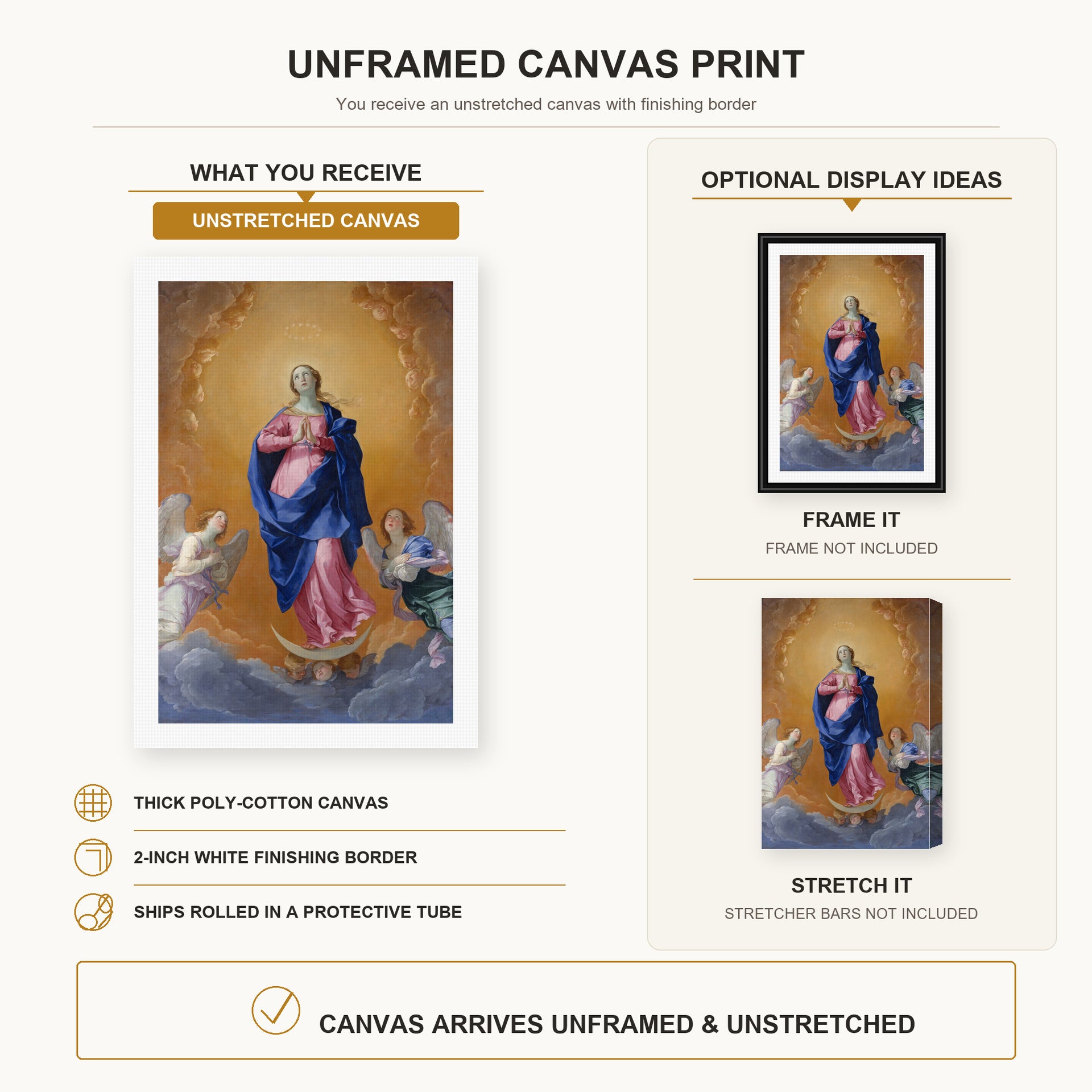 Guido Reni - The Immaculate Conception canvas print size comparison and framing display infographic