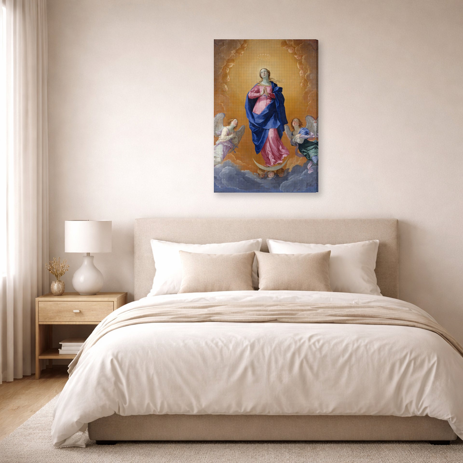 Gallery-wrapped canvas print of Guido Reni's 'The Immaculate Conception' displayed on a wall in a bedroom