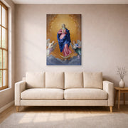 Gallery-wrapped canvas print of Guido Reni's 'The Immaculate Conception' displayed on a wall in a living room