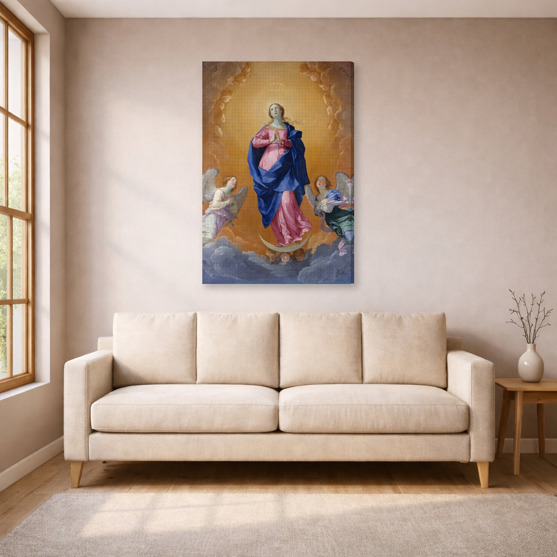 Gallery-wrapped canvas print of Guido Reni's 'The Immaculate Conception' displayed on a wall in a living room