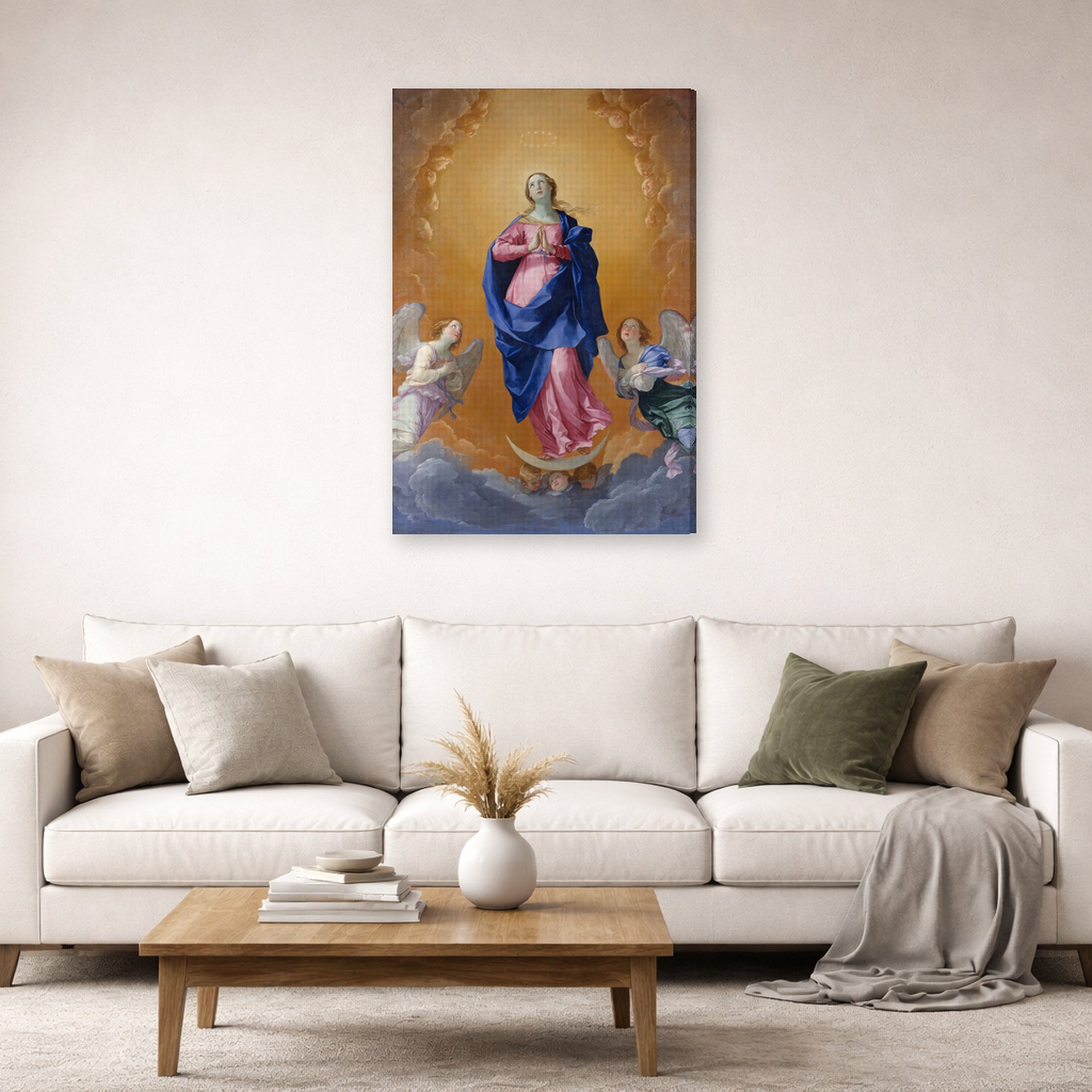 Gallery-wrapped canvas print of Guido Reni's 'The Immaculate Conception' displayed on a wall in a living room