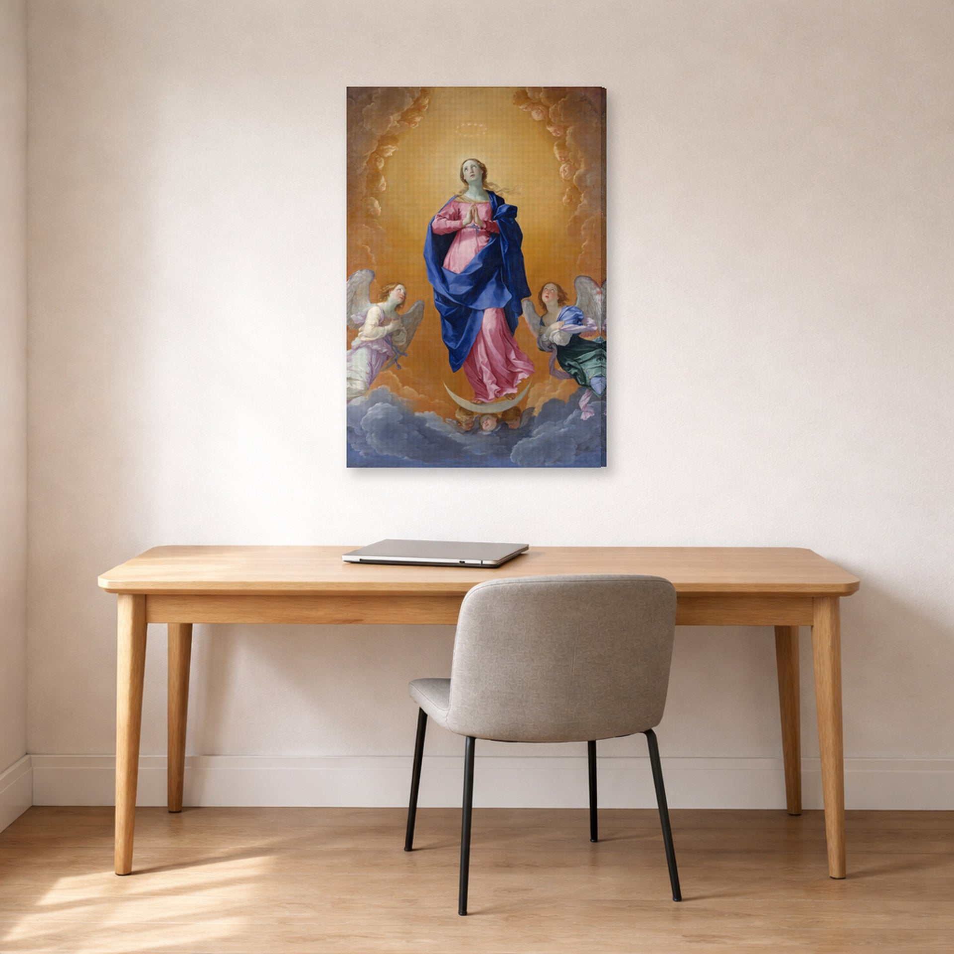 Gallery-wrapped canvas print of Guido Reni's 'The Immaculate Conception' displayed on a wall in a office