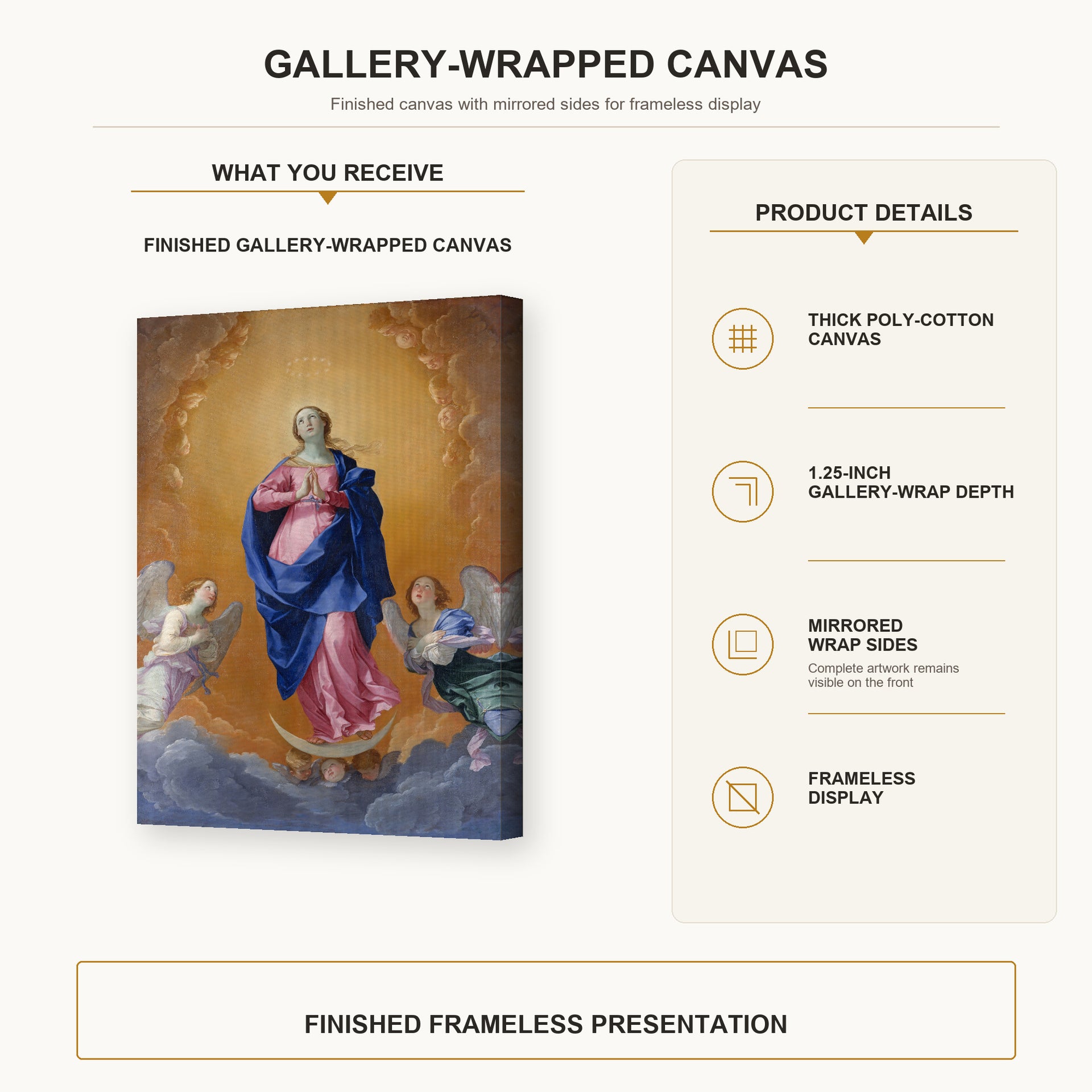 Guido Reni - The Immaculate Conception gallery wrap canvas construction and hanging details infographic