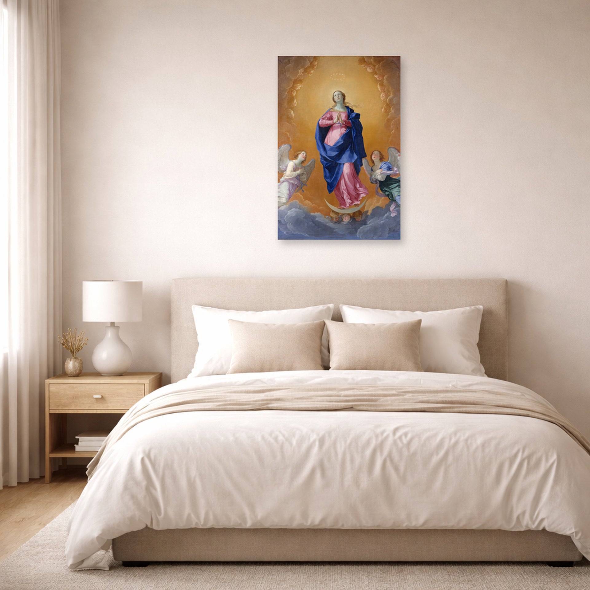 Unframed poster print of Guido Reni's 'The Immaculate Conception' displayed on a wall in a bedroom