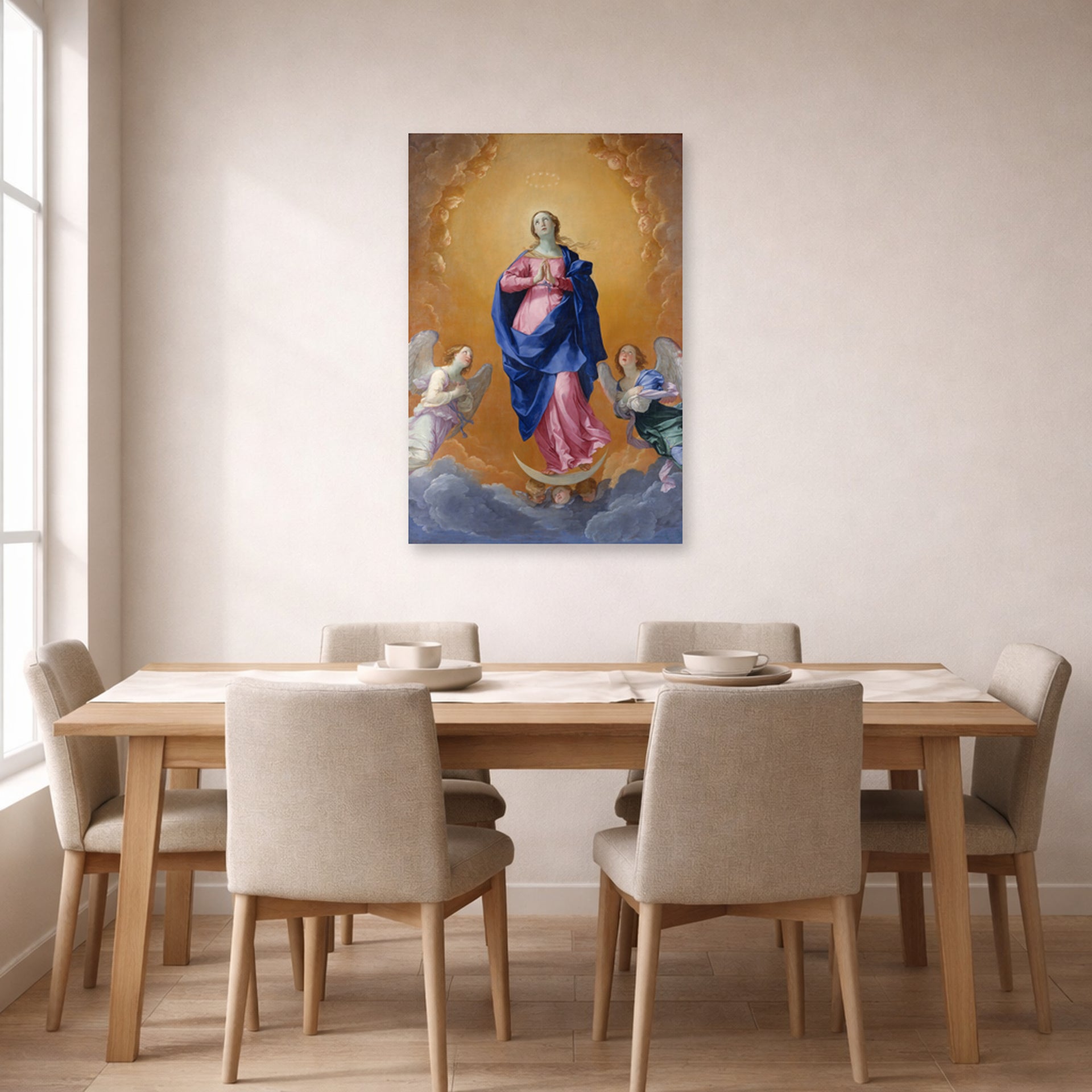 Unframed poster print of Guido Reni's 'The Immaculate Conception' displayed on a wall in a dining room