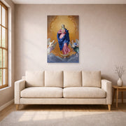 Unframed poster print of Guido Reni's 'The Immaculate Conception' displayed on a wall in a living room