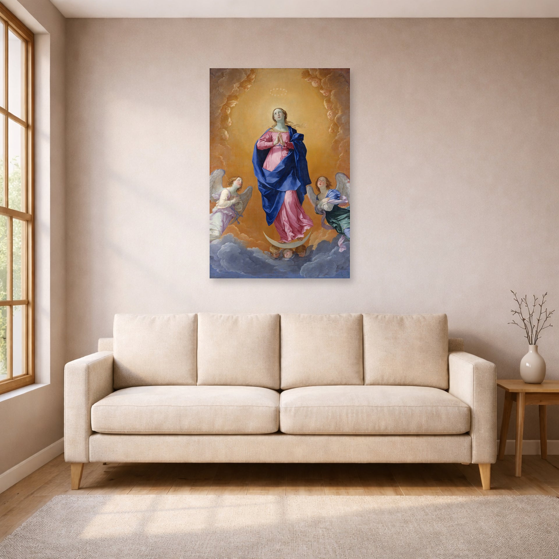 Unframed poster print of Guido Reni's 'The Immaculate Conception' displayed on a wall in a living room