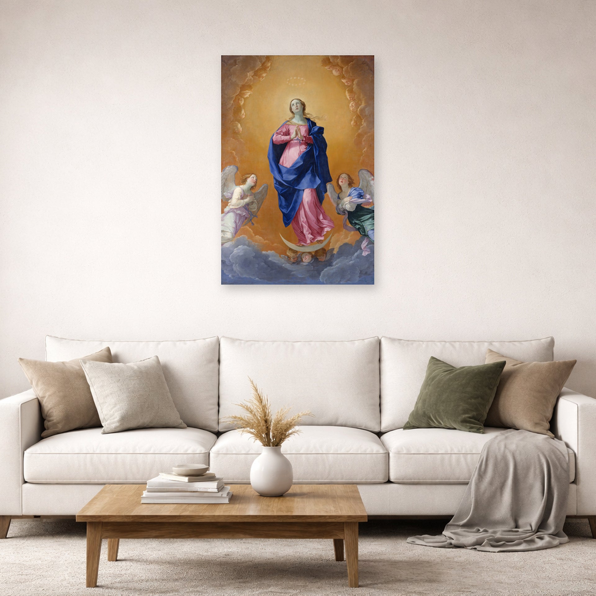 Unframed poster print of Guido Reni's 'The Immaculate Conception' displayed on a wall in a living room