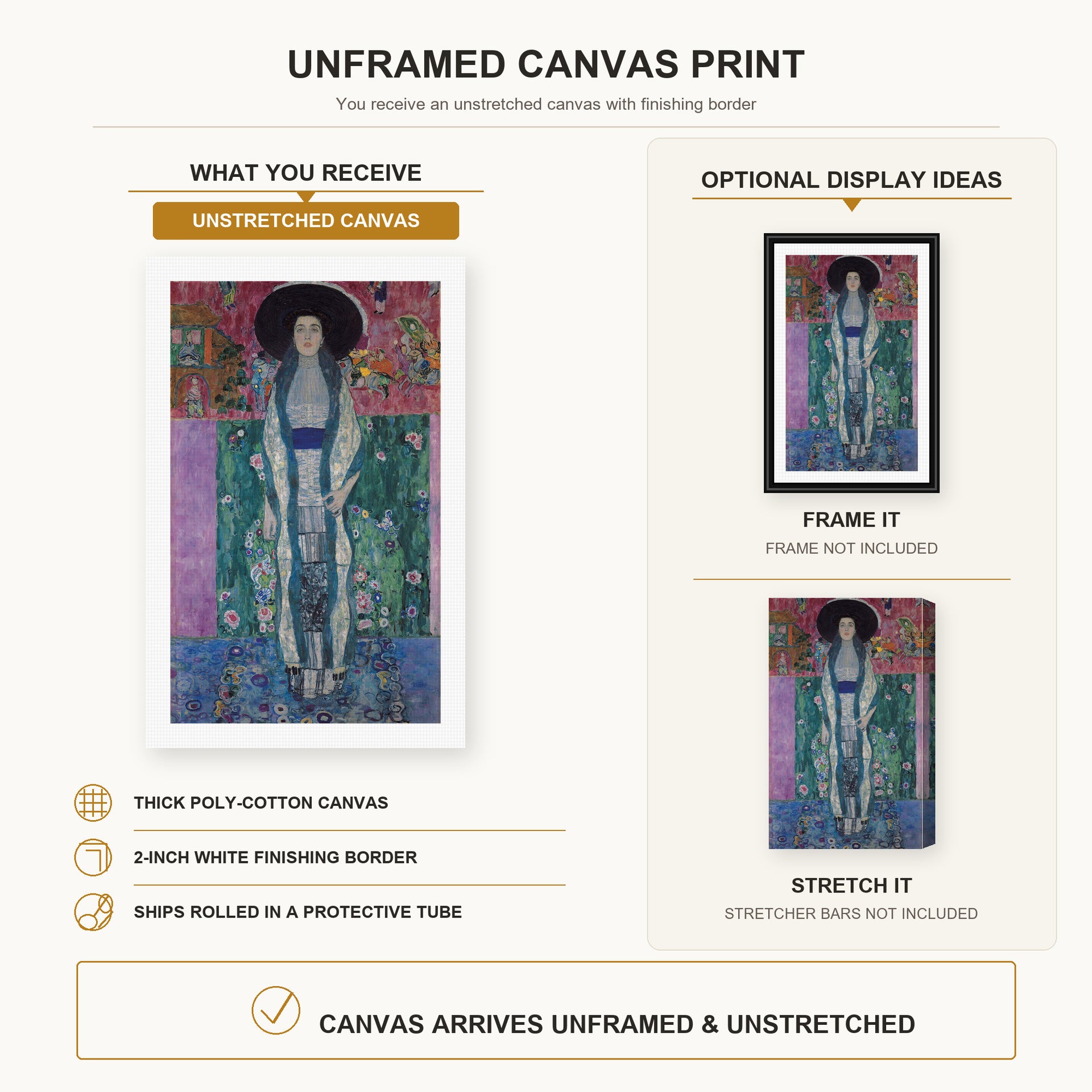 Gustav Klimt - Adele Bloch-Bauer II canvas print size comparison and framing display infographic
