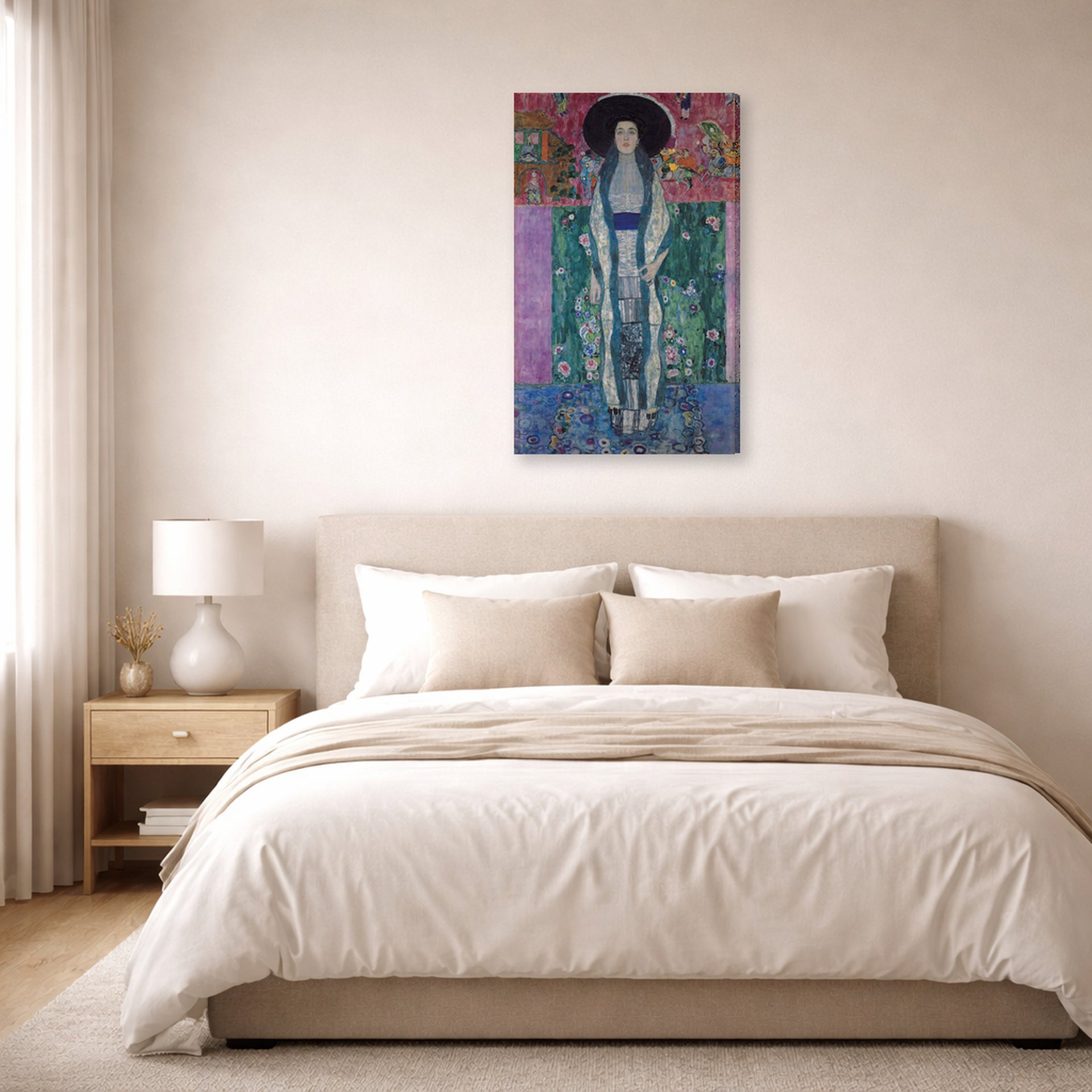 Gallery-wrapped canvas print of Gustav Klimt's 'Adele Bloch-Bauer II' displayed on a wall in a bedroom