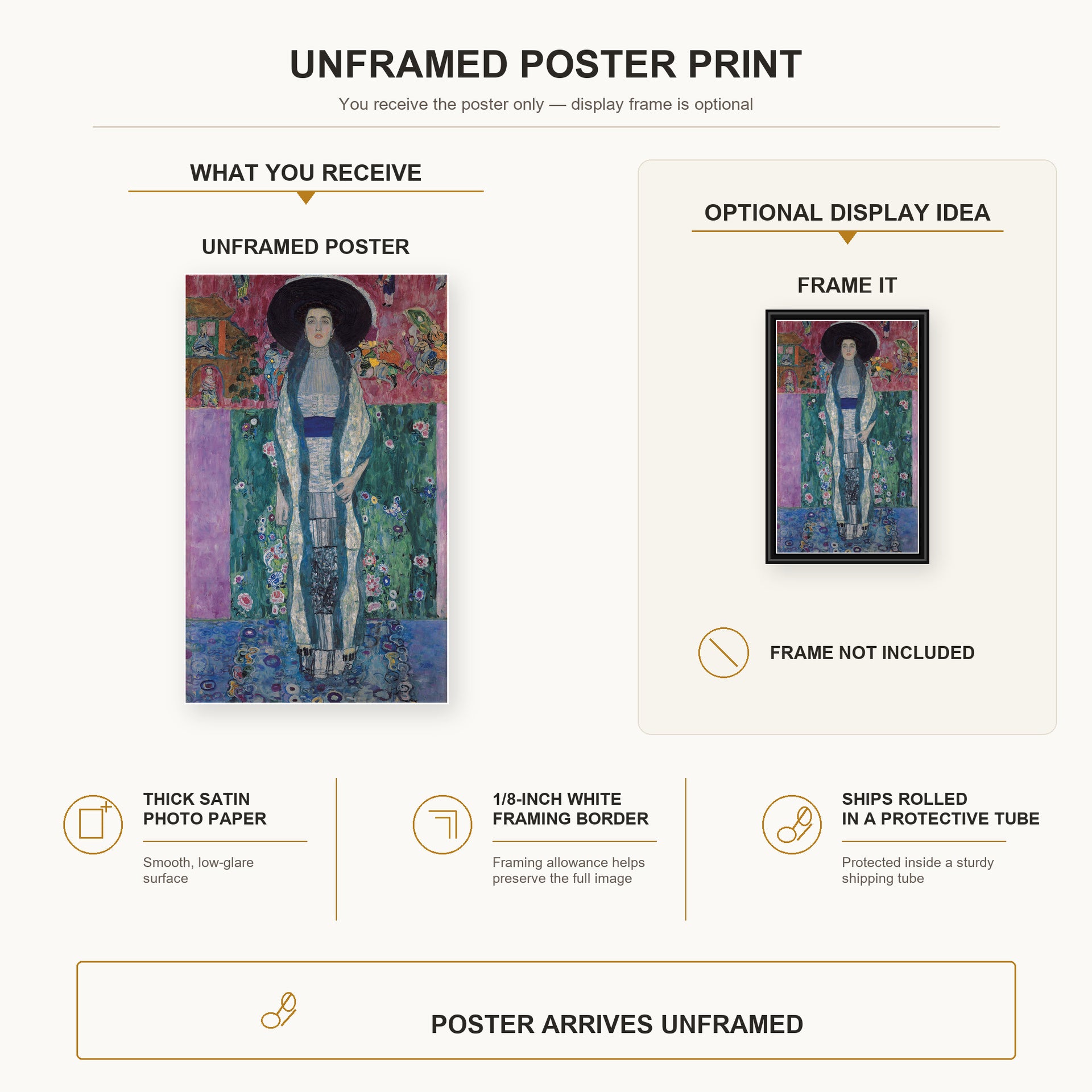 Gustav Klimt - Adele Bloch-Bauer II poster print size comparison and framing display infographic