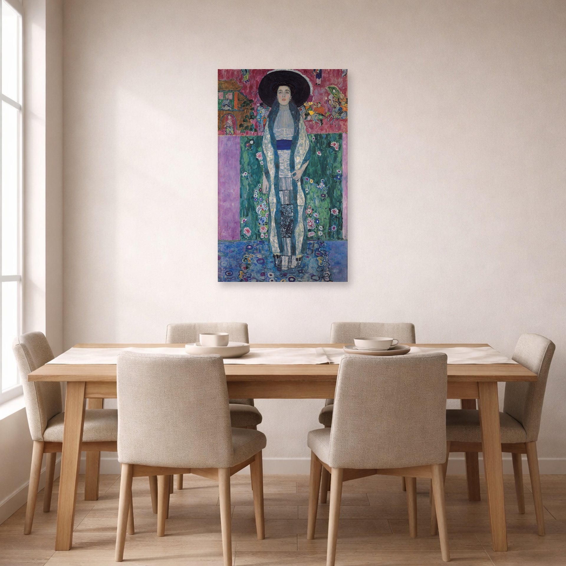 Unframed poster print of Gustav Klimt's 'Adele Bloch-Bauer II' displayed on a wall in a dining room