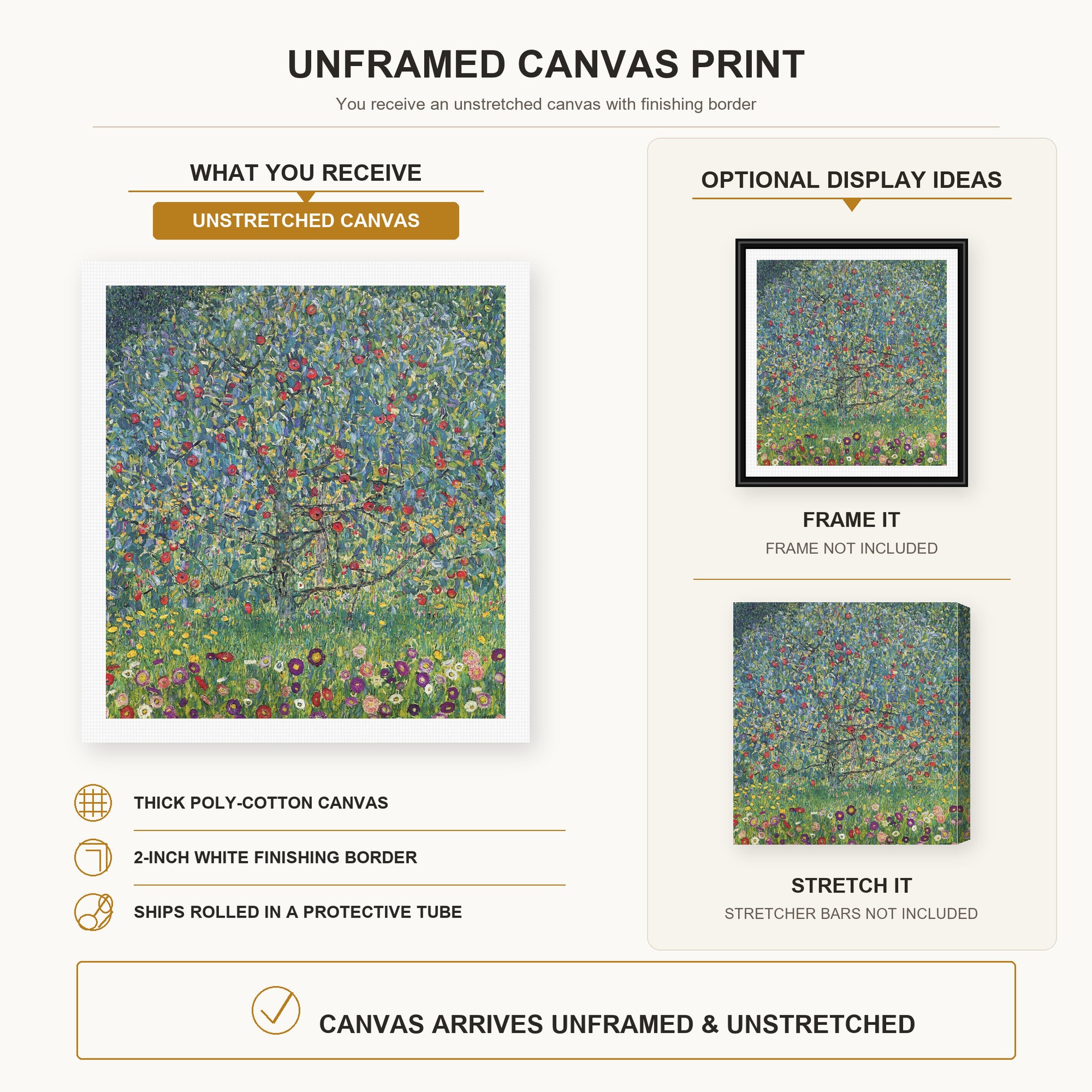 Gustav Klimt - Apple Tree canvas print size comparison and framing display infographic