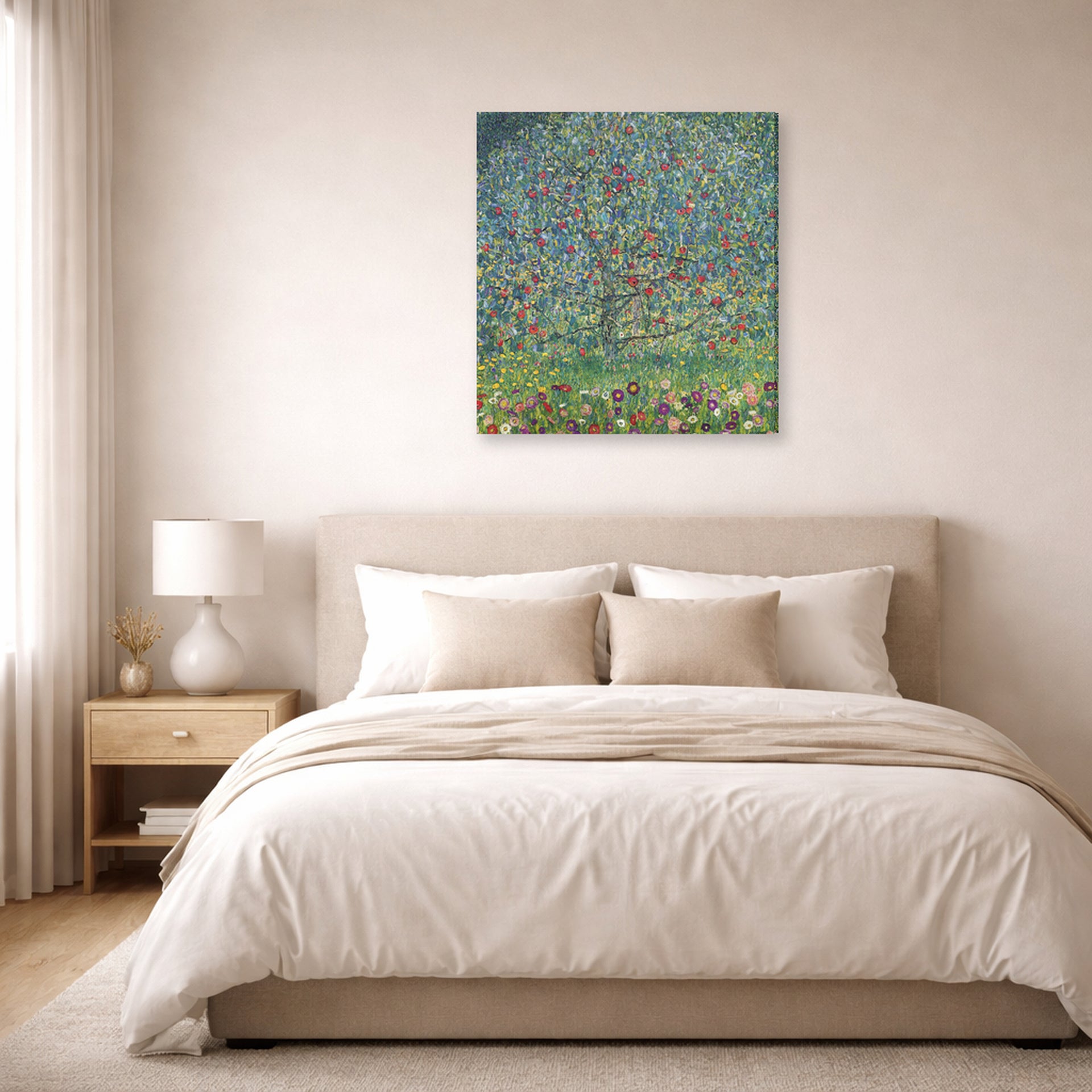 Gallery-wrapped canvas print of Gustav Klimt's 'Apple Tree' displayed on a wall in a bedroom