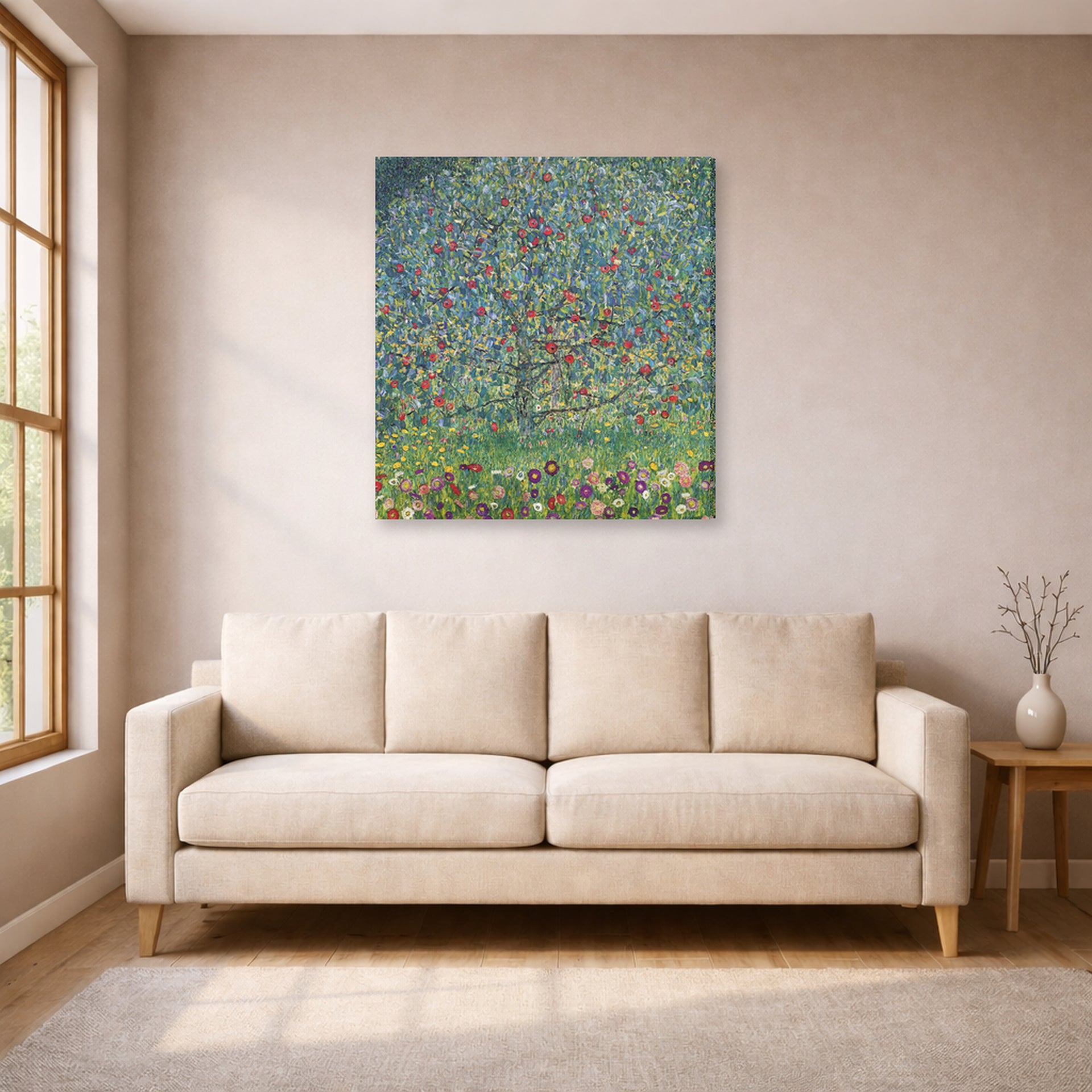 Gallery-wrapped canvas print of Gustav Klimt's 'Apple Tree' displayed on a wall in a living room (image 1 of 2)