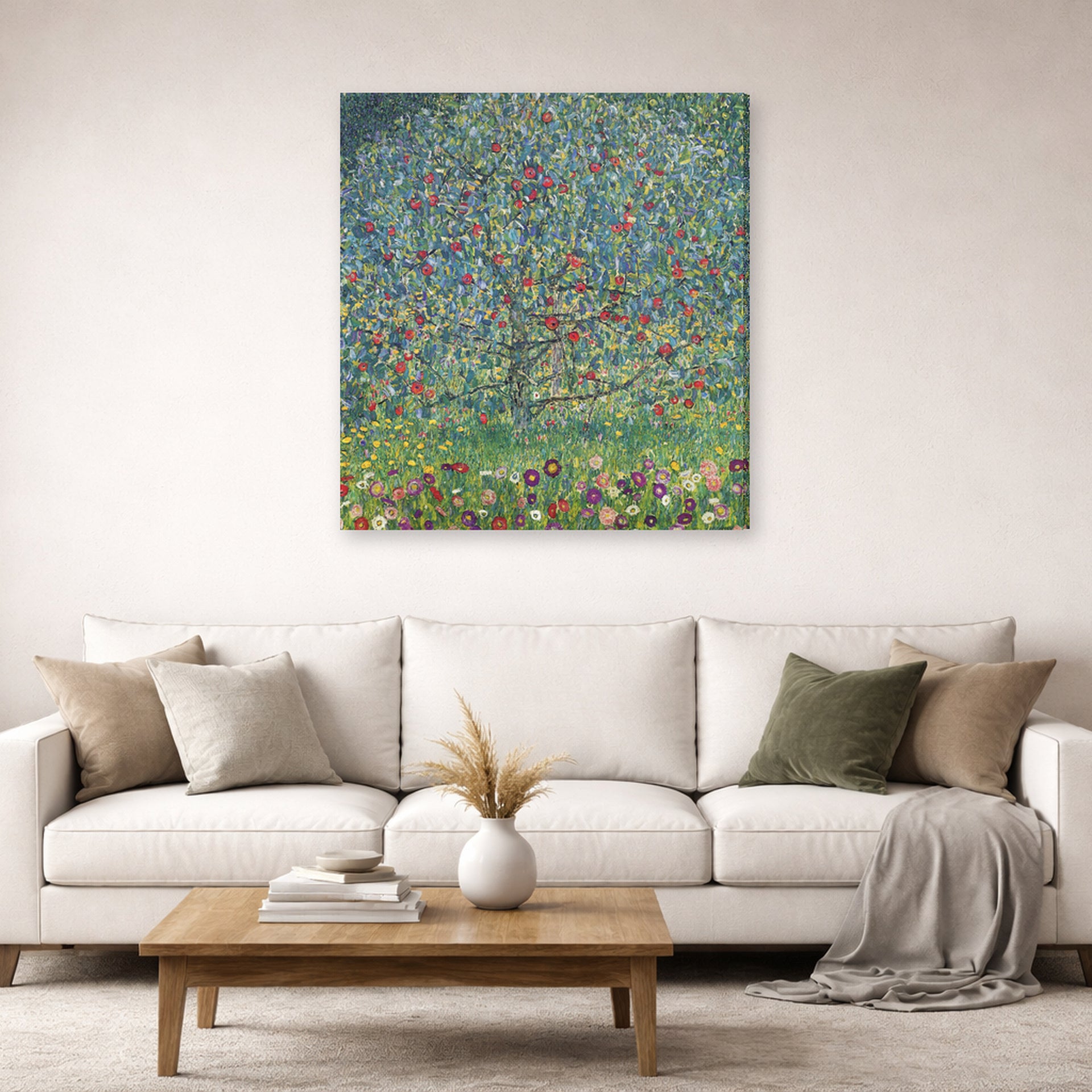 Gallery-wrapped canvas print of Gustav Klimt's 'Apple Tree' displayed on a wall in a living room (image 2 of 2)