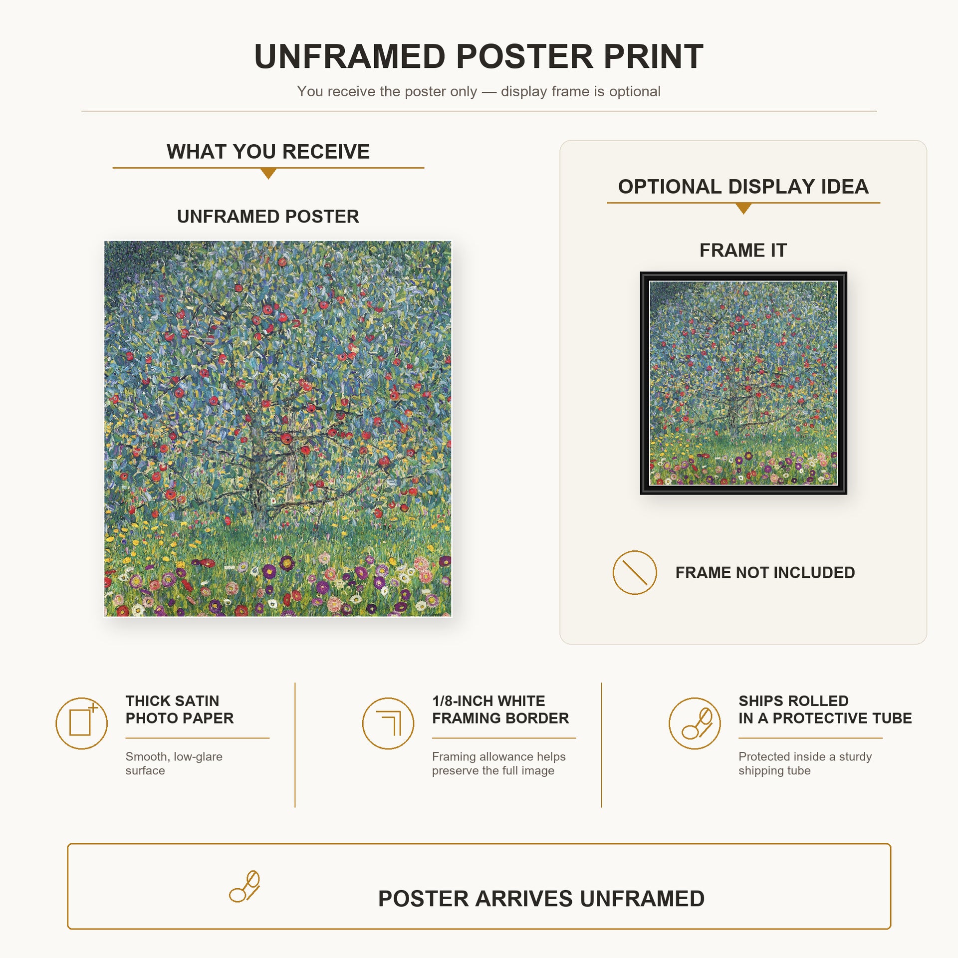 Gustav Klimt - Apple Tree poster print size comparison and framing display infographic