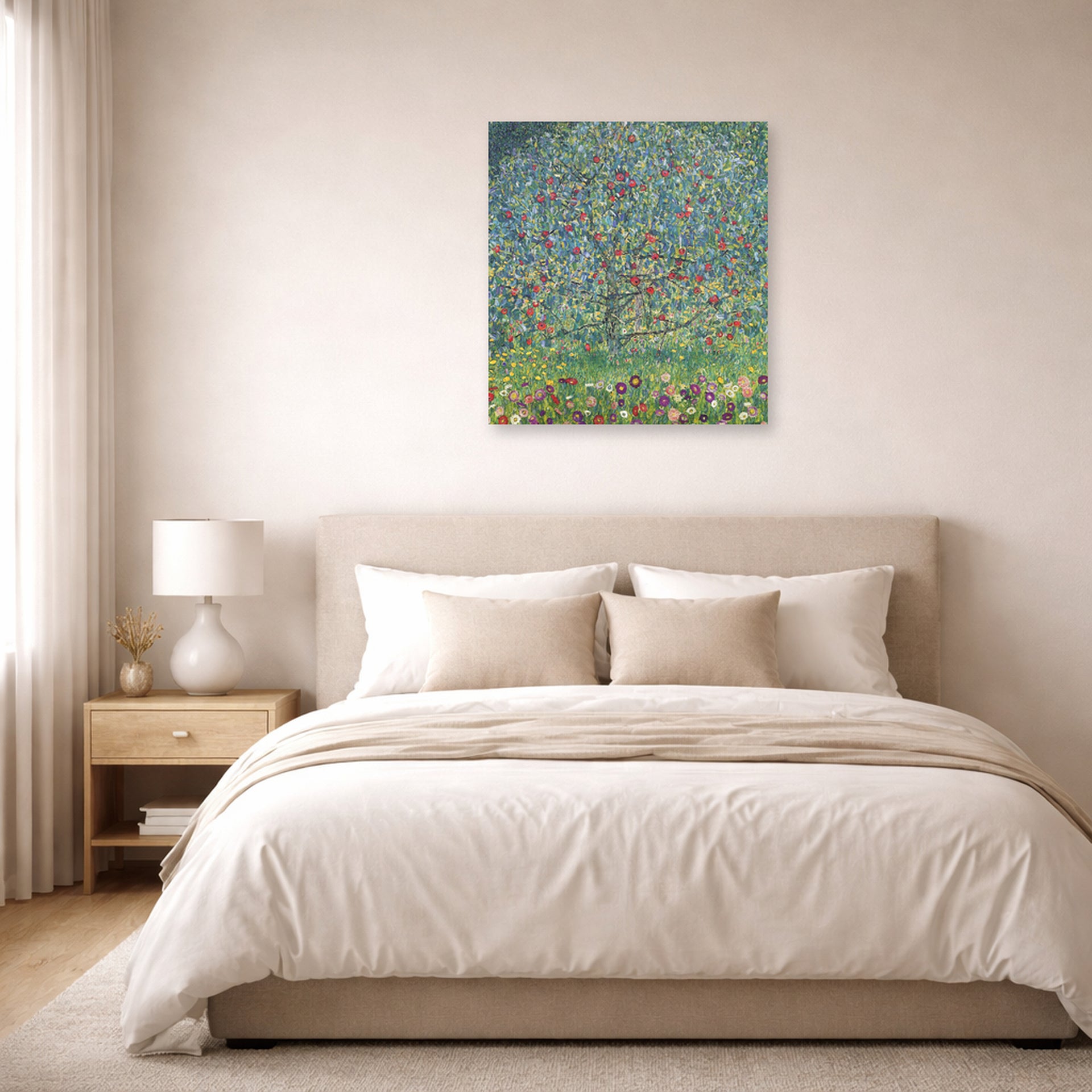 Unframed poster print of Gustav Klimt's 'Apple Tree' displayed on a wall in a bedroom