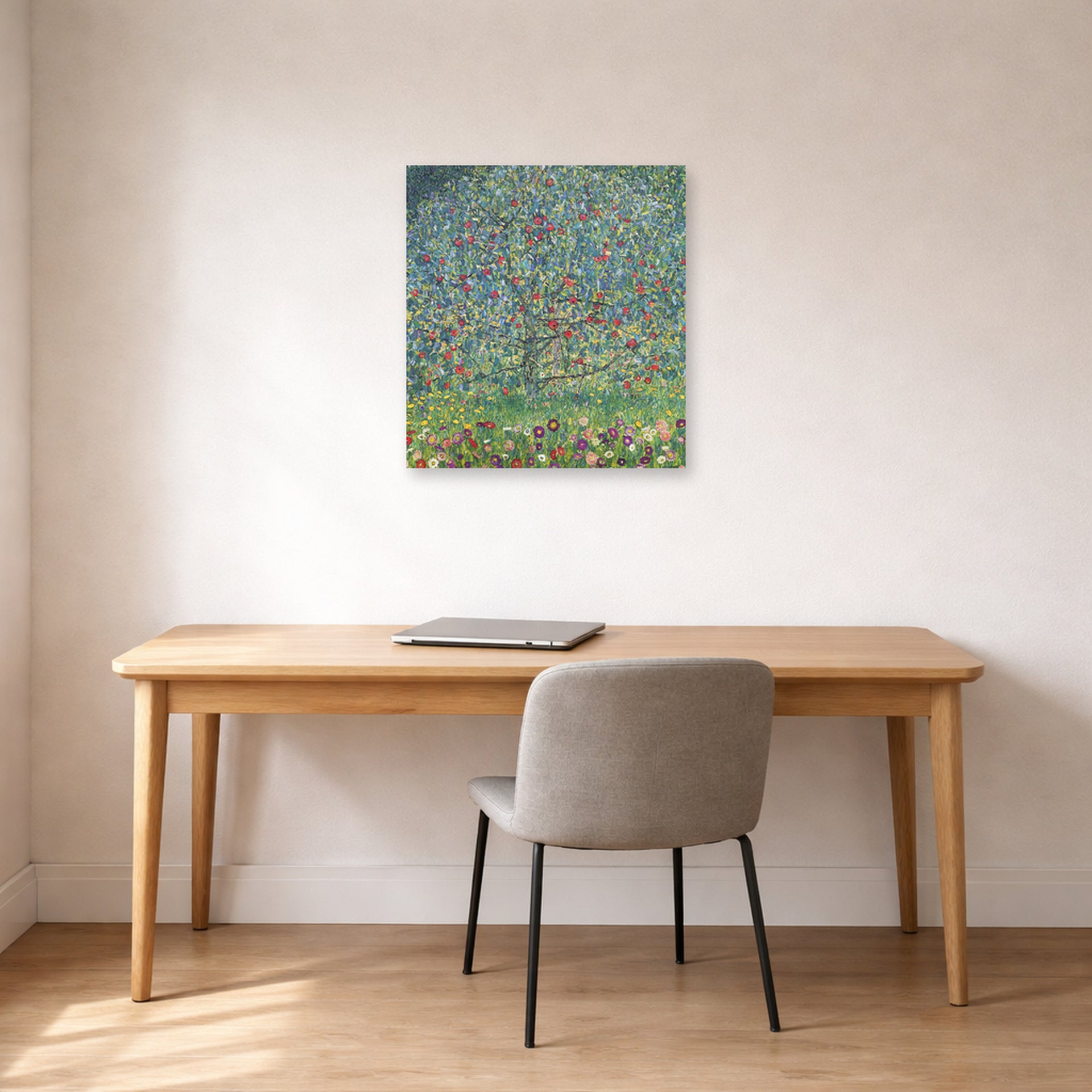 Unframed poster print of Gustav Klimt's 'Apple Tree' displayed on a wall in an office