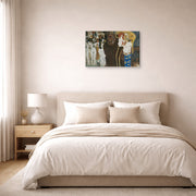 Gallery-wrapped canvas print of Gustav Klimt's 'Beethoven Frieze' displayed on a wall in a bedroom