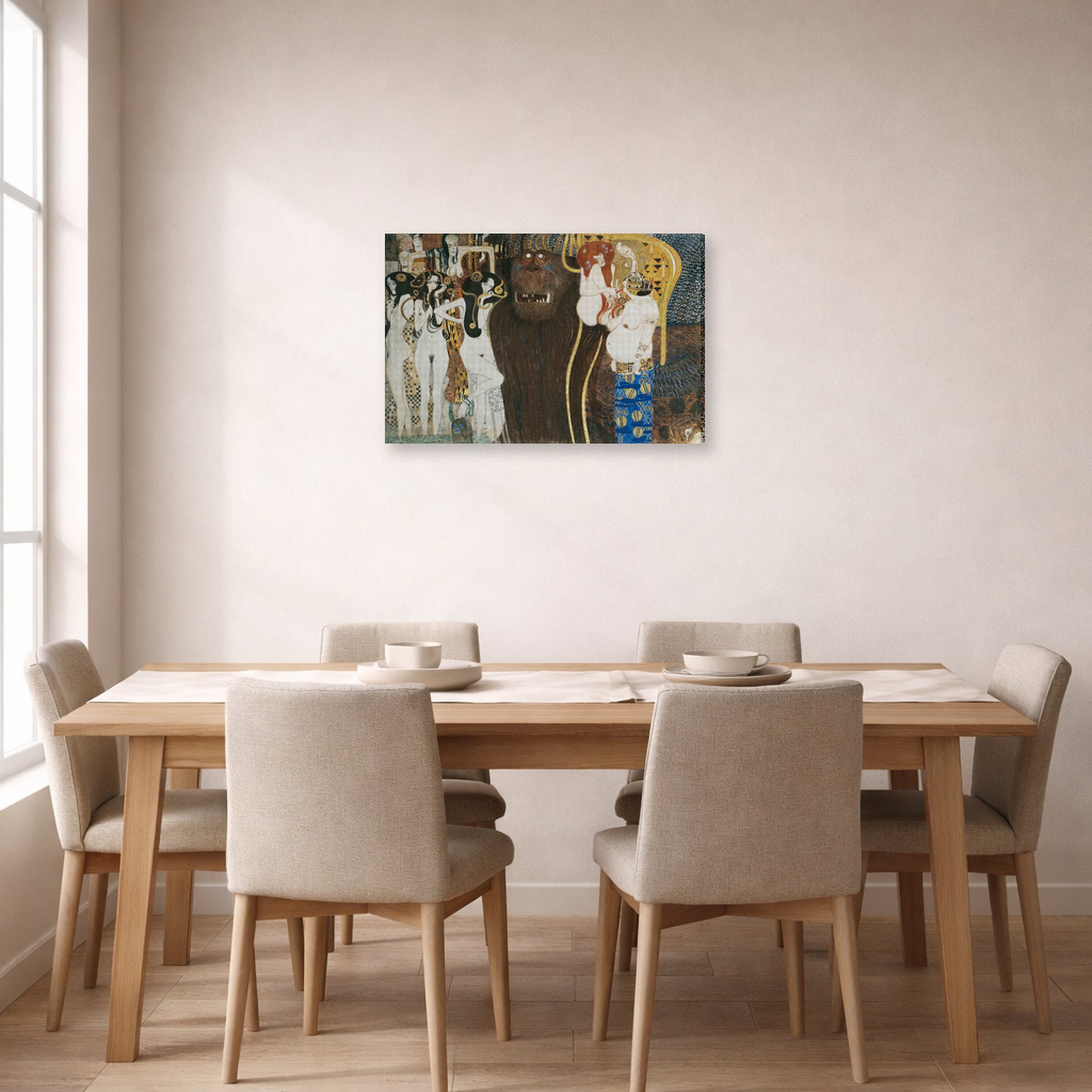 Gallery-wrapped canvas print of Gustav Klimt's 'Beethoven Frieze' displayed on a wall in a dining room