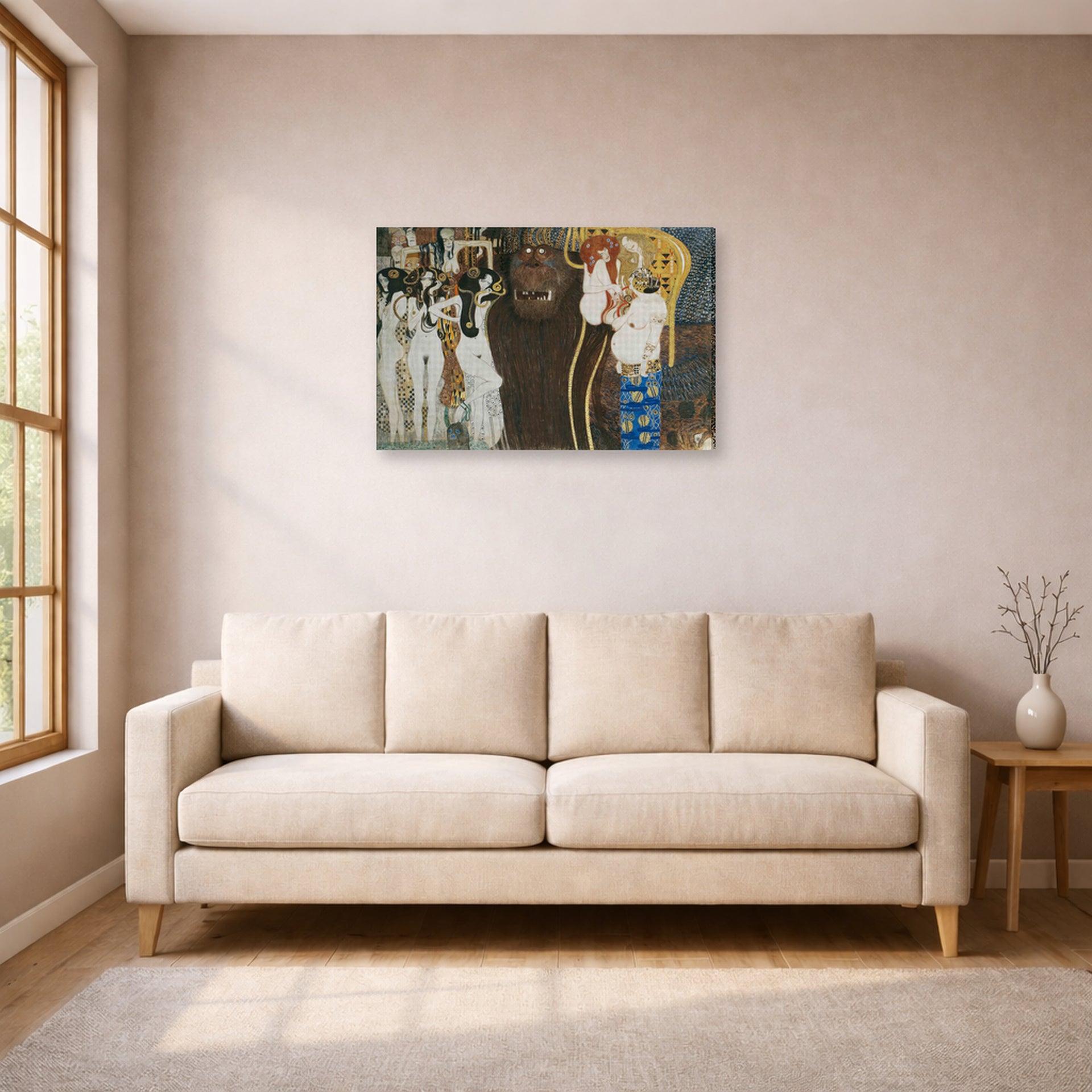 Gallery-wrapped canvas print of Gustav Klimt's 'Beethoven Frieze' displayed on a wall in a living room (image 1 of 2)