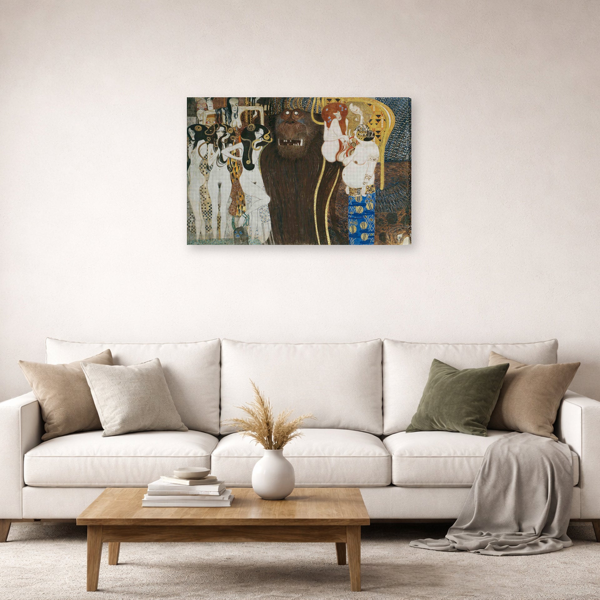 Gallery-wrapped canvas print of Gustav Klimt's 'Beethoven Frieze' displayed on a wall in a living room (image 2 of 2)